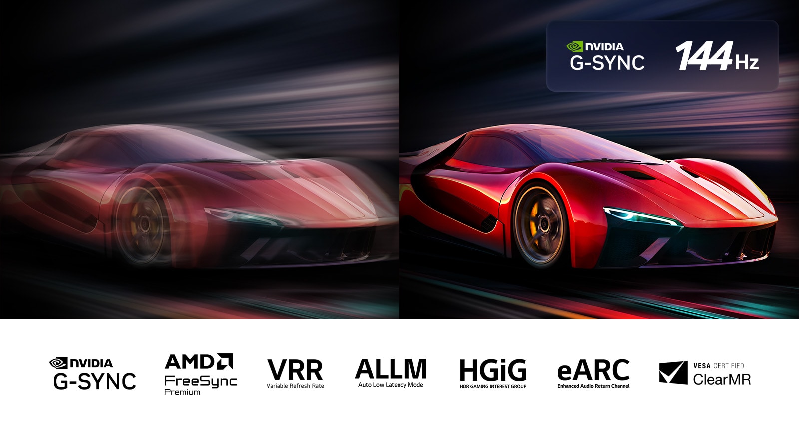 Dos imágenes de un auto en un videojuego, una al lado de la otra. En una se observa mucho desenfoque de movimiento. La otra se ve nítida y enfocada, por lo que se exhibe la alta frecuencia de cuadros de la LG OLED TV. Se puede ver el logotipo de Nvidia G-Sync y el logotipo de 144Hz, y otras certificaciones relevantes. 