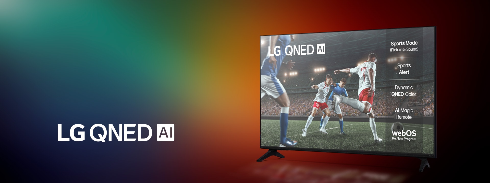 Televisor LG ONED sobre un fondo oscuro y colorido. En la pantalla, una obra de arte brillante y colorida muestra la tecnologia de color de ONED y su capacidad para mostrar una amplia gama de tonos con gran contraste. Se ve el logotipo de LG ONED AI. El título dice: "Cada color redefinido con el color dinámico de QNED".