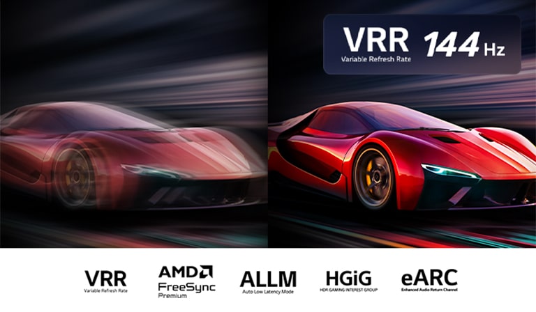 Dos imágenes de un auto en un videojuego, una al lado de la otra. En una se observa mucho desenfoque de movimiento. La otra se ve nítida y en enfoque, por lo que se exhibe la alta frecuencia de cuadros de la LG QNED TV. Logotipos de VRR y de 144Hz en la esquina superior derecha.