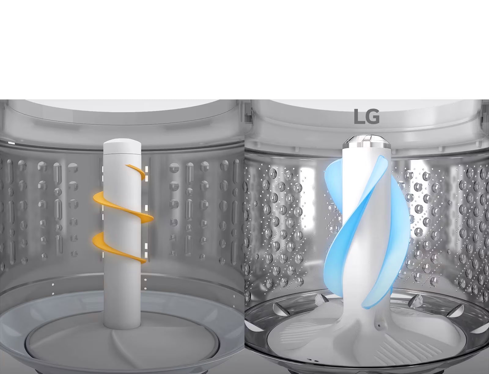 Dos videos del interior de las lavadoras se mueven simultáneamente uno al lado del otro. El primero muestra el agitador con movimientos continuos que circulan resaltados en amarillo. El segundo está etiquetado como "LG" y muestra el agitador con tres alas (aspas) separadas que se curvan y resaltan en azul. Hay un botón de reproducción / pausa en la línea central en la parte inferior y tres círculos con el primer rojo resaltado que indica que esta es la primera imagen de tres en un carrusel.