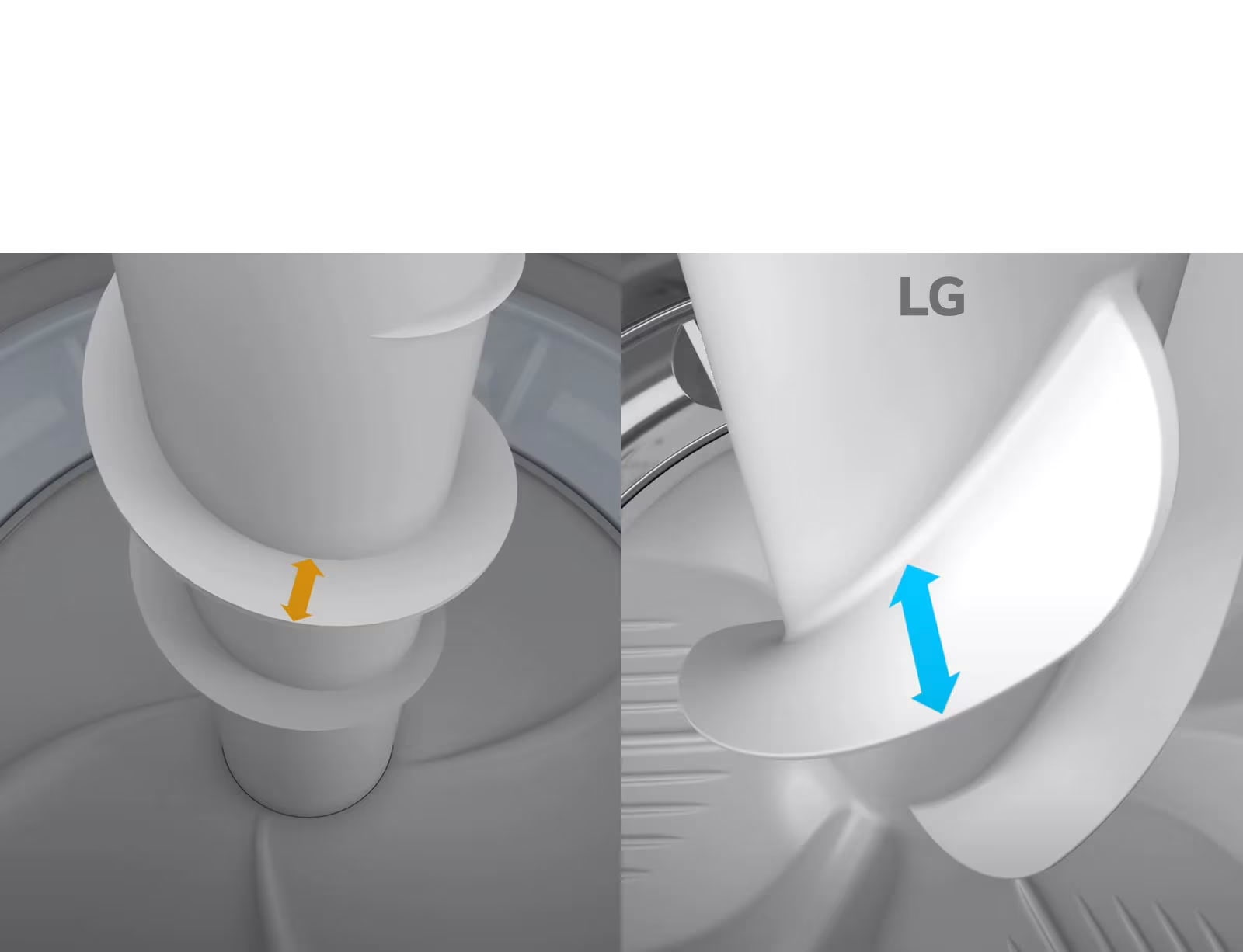 Dos videos del interior de las lavadoras se reproducen simultáneamente uno al lado del otro. El primero muestra el agitador desde arriba y una línea amarilla con flechas a cada lado se expande hacia adentro y hacia afuera para mostrar el ancho. El segundo está etiquetado como "LG" y muestra el agitador desde arriba y una línea azul con flechas a cada lado se expande hacia adentro y hacia afuera para mostrar el ancho que es más largo que la simulación. Hay un botón de reproducción / pausa en la línea central en la parte inferior y tres círculos con el segundo resaltado en rojo que indica que esta es la segunda imagen de tres en un carrusel.
