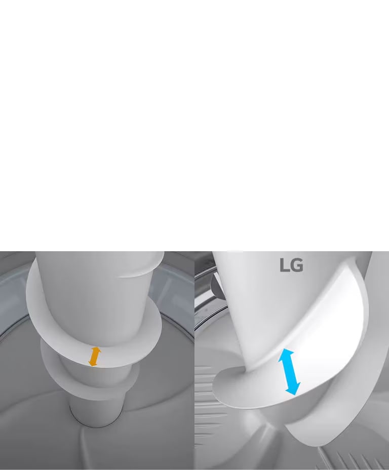Dos videos del interior de las lavadoras se reproducen simultáneamente uno al lado del otro. El primero muestra el agitador desde arriba y una línea amarilla con flechas a cada lado se expande hacia adentro y hacia afuera para mostrar el ancho. El segundo está etiquetado como "LG" y muestra el agitador desde arriba y una línea azul con flechas a cada lado se expande hacia adentro y hacia afuera para mostrar el ancho que es más largo que la simulación. Hay un botón de reproducción / pausa en la línea central en la parte inferior y tres círculos con el segundo resaltado en rojo que indica que esta es la segunda imagen de tres en un carrusel.