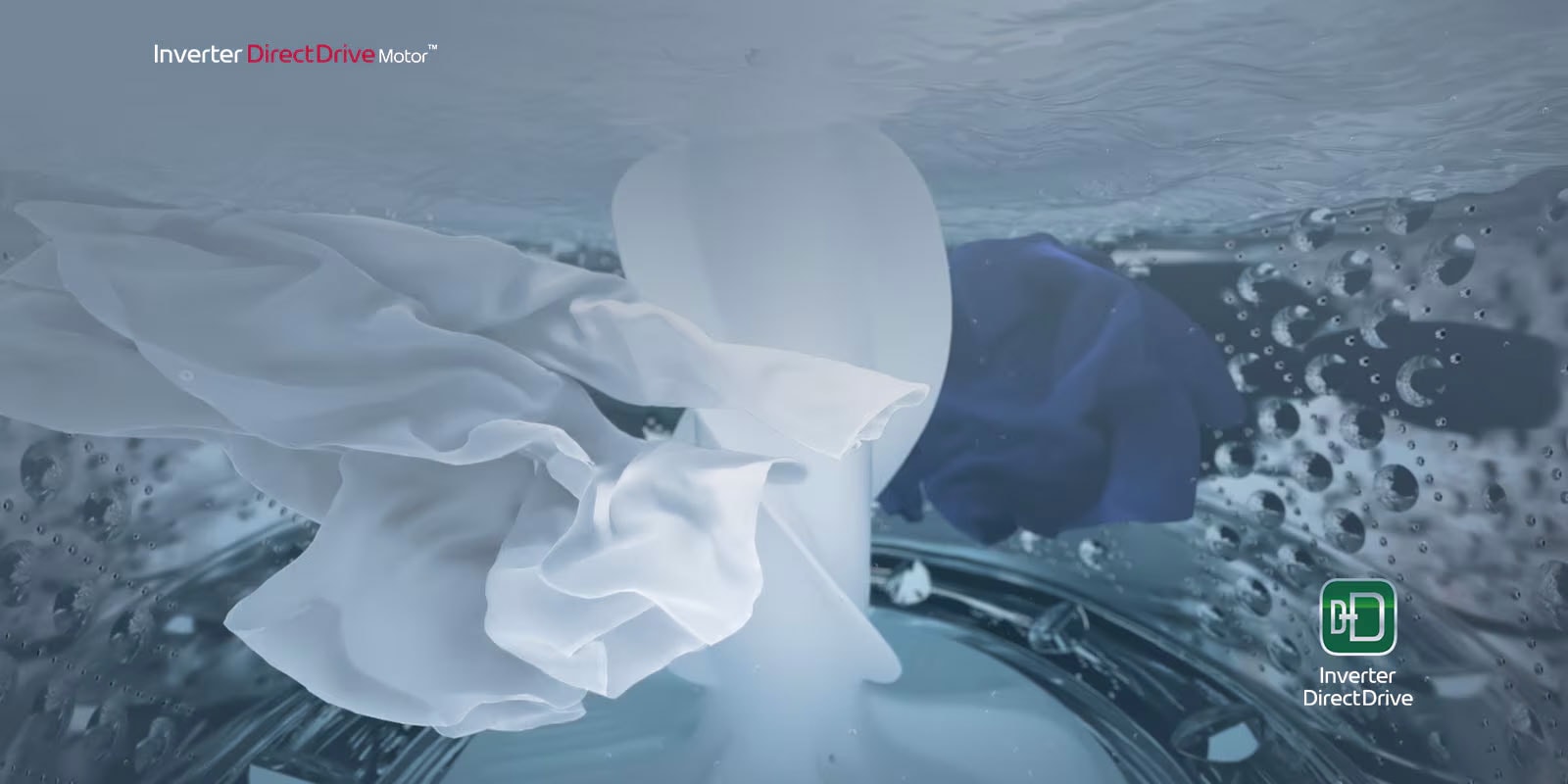 La ropa flota en el agua alrededor del agitador dentro de la lavadora. El logotipo de Inverter Direct Drive se encuentra en la parte inferior derecha de la imagen.