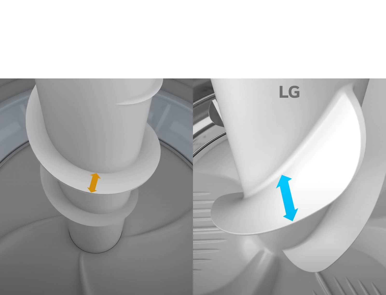 Dos videos del interior de las lavadoras se reproducen simultáneamente uno al lado del otro. El primero muestra el agitador desde arriba y una línea amarilla con flechas a cada lado se expande hacia adentro y hacia afuera para mostrar el ancho. El segundo está etiquetado como "LG" y muestra el agitador desde arriba y una línea azul con flechas a cada lado se expande hacia adentro y hacia afuera para mostrar el ancho que es más largo que la simulación. Hay un botón de reproducción / pausa en la línea central en la parte inferior y tres círculos con el segundo resaltado en rojo que indica que esta es la segunda imagen de tres en un carrusel.