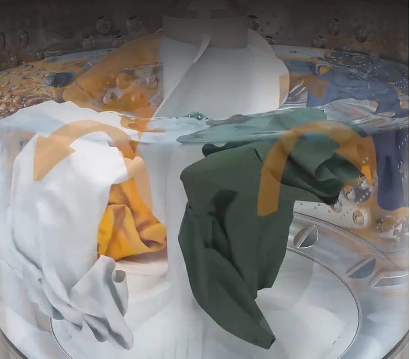 Dos videos están uno al lado del otro con botones de reproducción / pausa individuales en la parte inferior central de cada uno. El video de la izquierda está etiquetado como "Movimiento hacia arriba" en la parte superior y muestra con flechas amarillas y ropa en el agua cómo la ropa se mueve alrededor y hacia arriba en el centro.