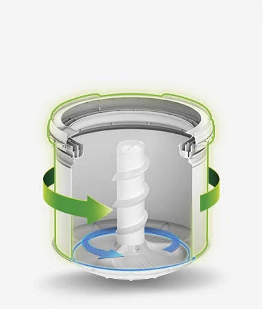 Se muestra una tina giratoria con el agitador. Flechas verde y azul indican la dirección de rotación, ambas coinciden.