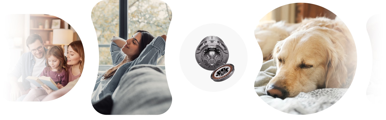 Imagen que muestra el motor LG inverter junto con personas leyendo, durmiendo o trabajando, mostrando que es silencioso.