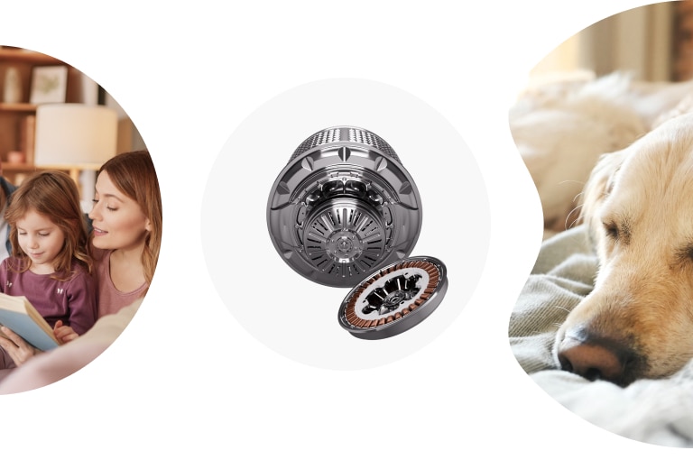 Imagen que muestra el motor LG inverter junto con personas leyendo, durmiendo o trabajando, mostrando que es silencioso.