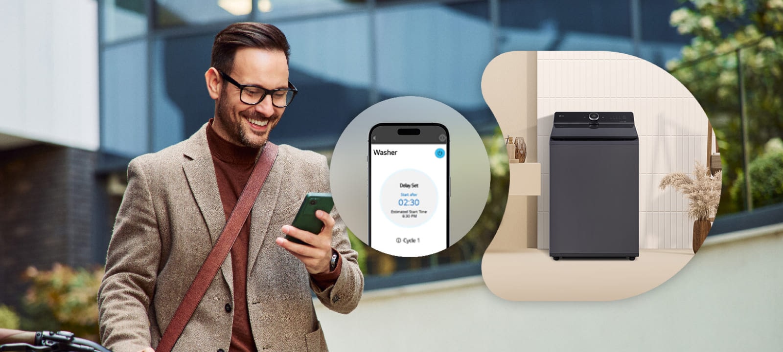 Un hombre controla a distancia la lavadora LG a través de una app ThinQ