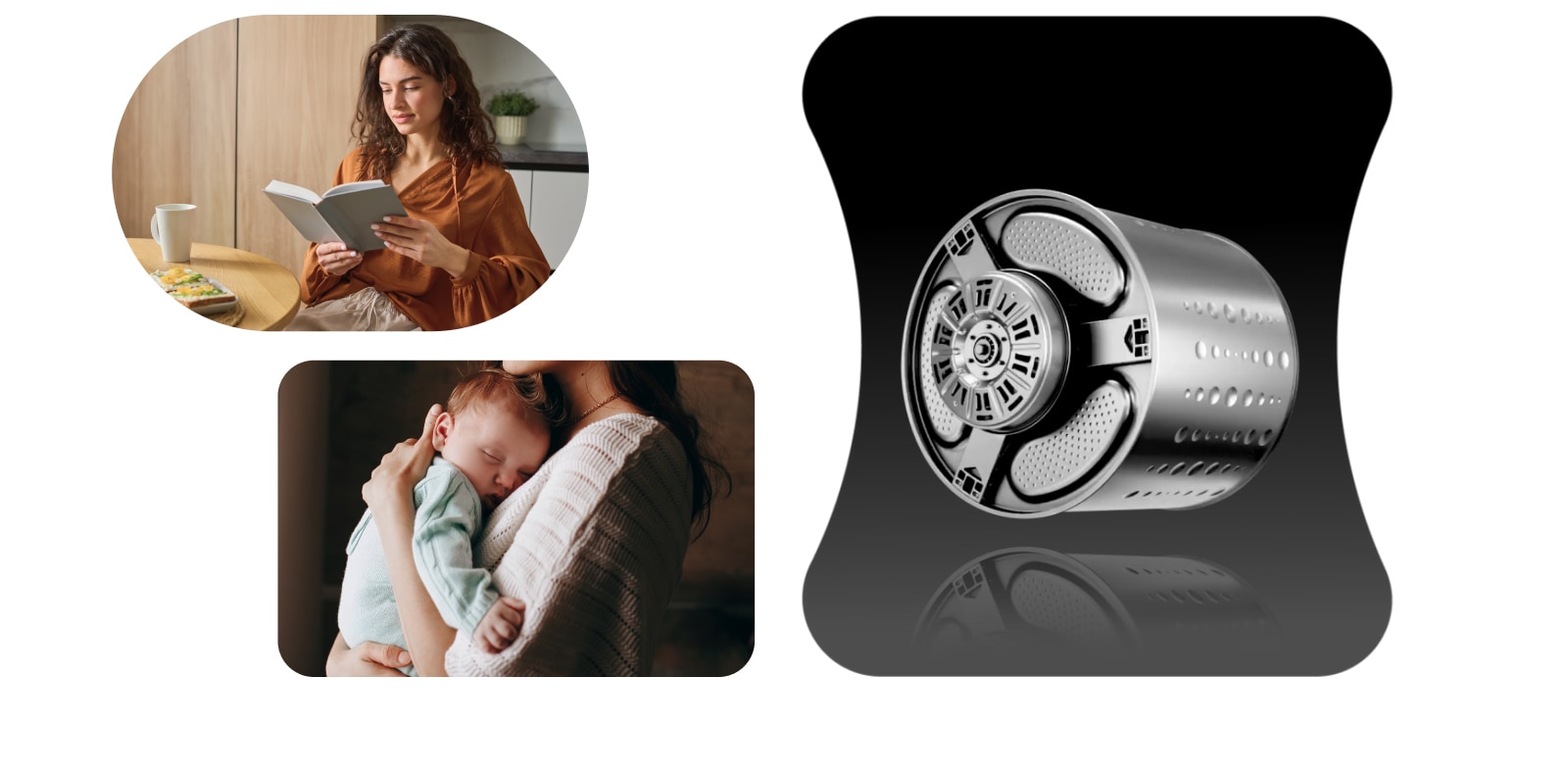 Motor LG Inverter Direct Drive™ con  imagen de una mujer leyendo  libro y una mamá con su bebé durmiendo