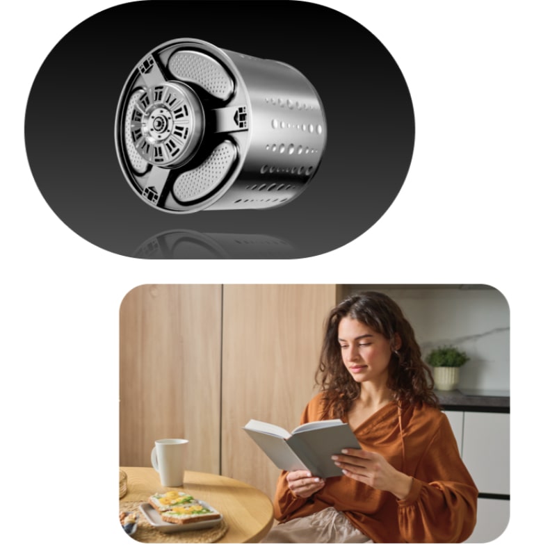 Motor LG Inverter Direct Drive™ con  imagen de una mujer leyendo  libro y una mamá con su bebé durmiendo