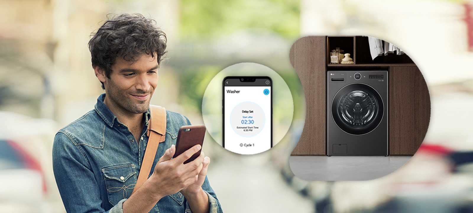 Un hombre  controla remotamente la lavadora LG a través de la aplicación ThinQ	