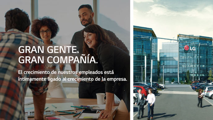 Cuatro personas se reunieron alrededor de una mesa a la izquierda, la oficina de LG Electronic en el Reino Unido a la derecha. El texto dice "Gran Gente, Gran Compañía. El crecimiento de nuestros empleados está íntimamente ligado a cual de nuestra empresa".