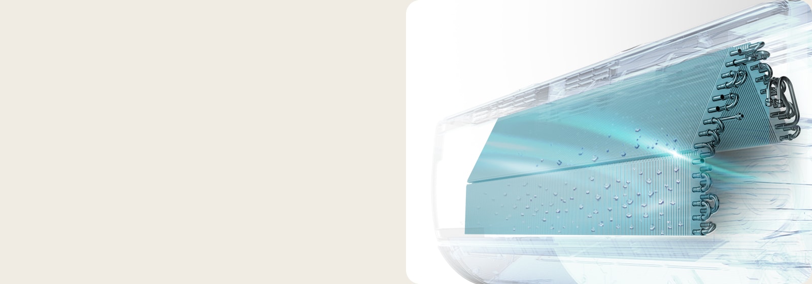 Imagen de un intercambiador de calor de aire acondicionado que muestra aletas con condensación y flujo de aire.