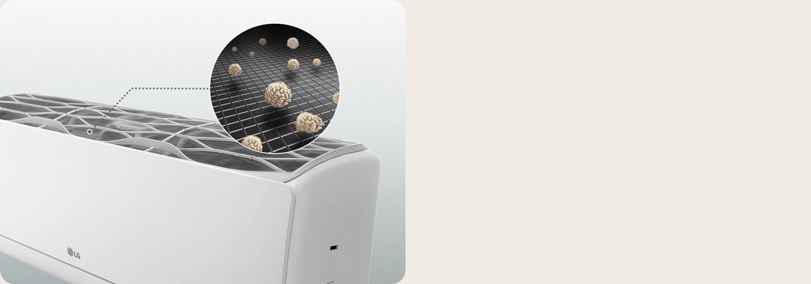 Imagen de un filtro de aire acondicionado LG con vista ampliada de las impurezas atrapadas