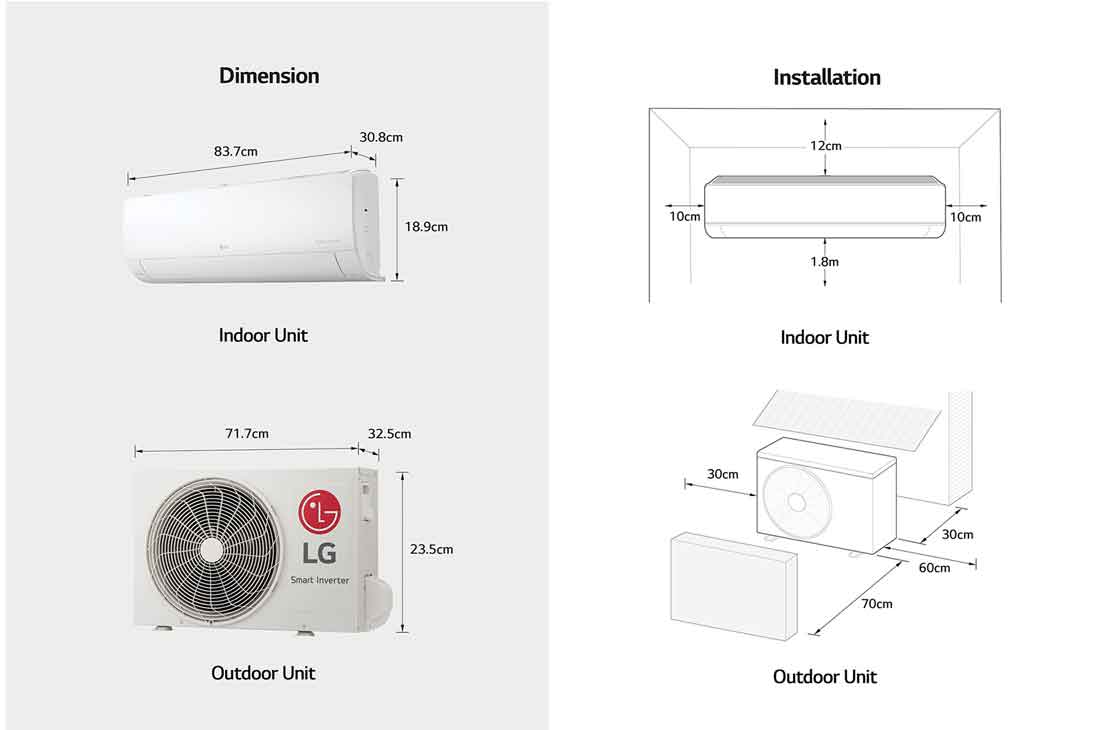 LG Aire Acondicionado  DUALCOOL Inverter, 2 Toneladas, 24,000 BTU/h, Solo Frío, 220V, Compresor Dual Inverter con 10 años de garantía, Pre Filtro, Recubrimiento Gold Fin™ en la condensadora., dimension and installation, VX242C1, thumbnail 13