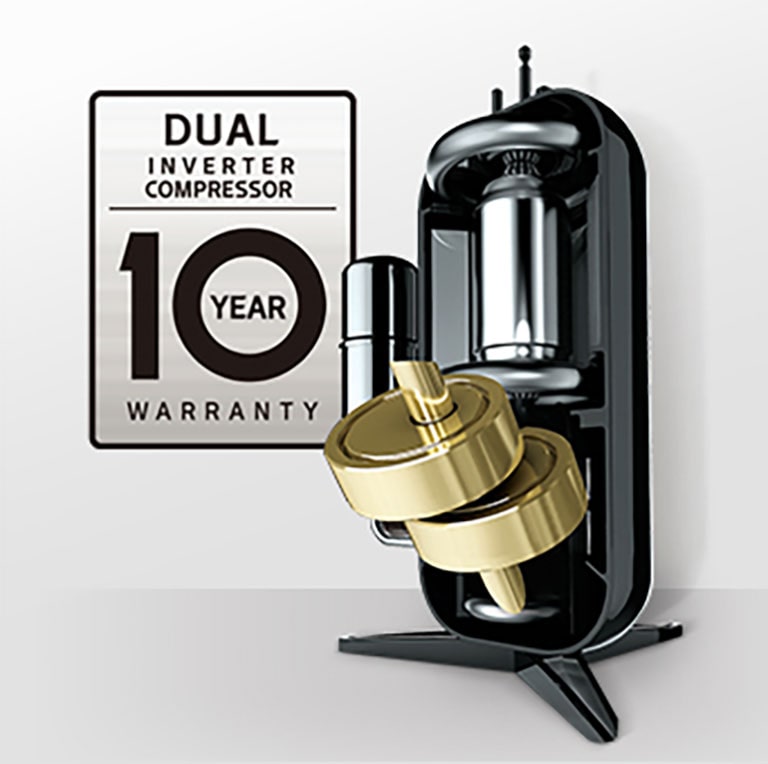 Imagen de un compresor inversor dual con insignia de garantía de 10 años