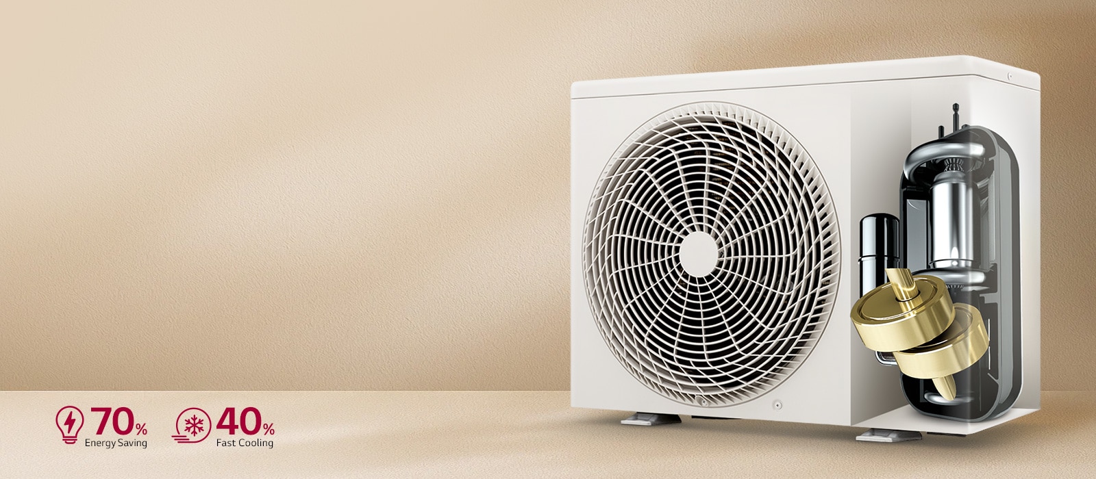 Imagen que explica el compresor inversor dual con un 70 % de ahorro de energía y un enfriamiento un 40 % más rápido