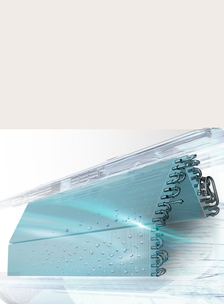 Imagen de un intercambiador de calor de aire acondicionado que muestra aletas con condensación y flujo de aire.