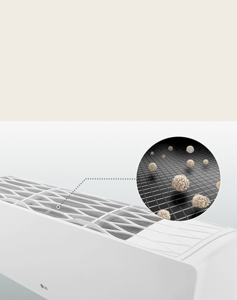 Imagen de un filtro de aire acondicionado LG con vista ampliada de las impurezas atrapadas