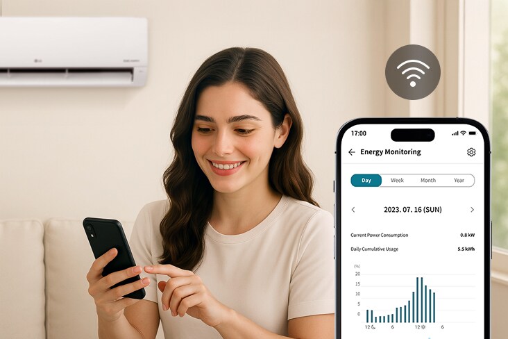 El ícono muestra que la aplicación ThinQ siempre tiene datos sobre los aires acondicionados LG, lo que permite una gestión eficiente.