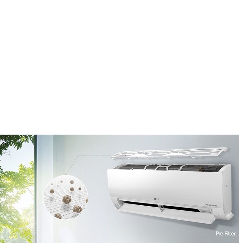 El aire acondicionado LG muestra filtros y polvo atrapado. Logotipo "Pre-Filtro" en la esquina inferior derecha.