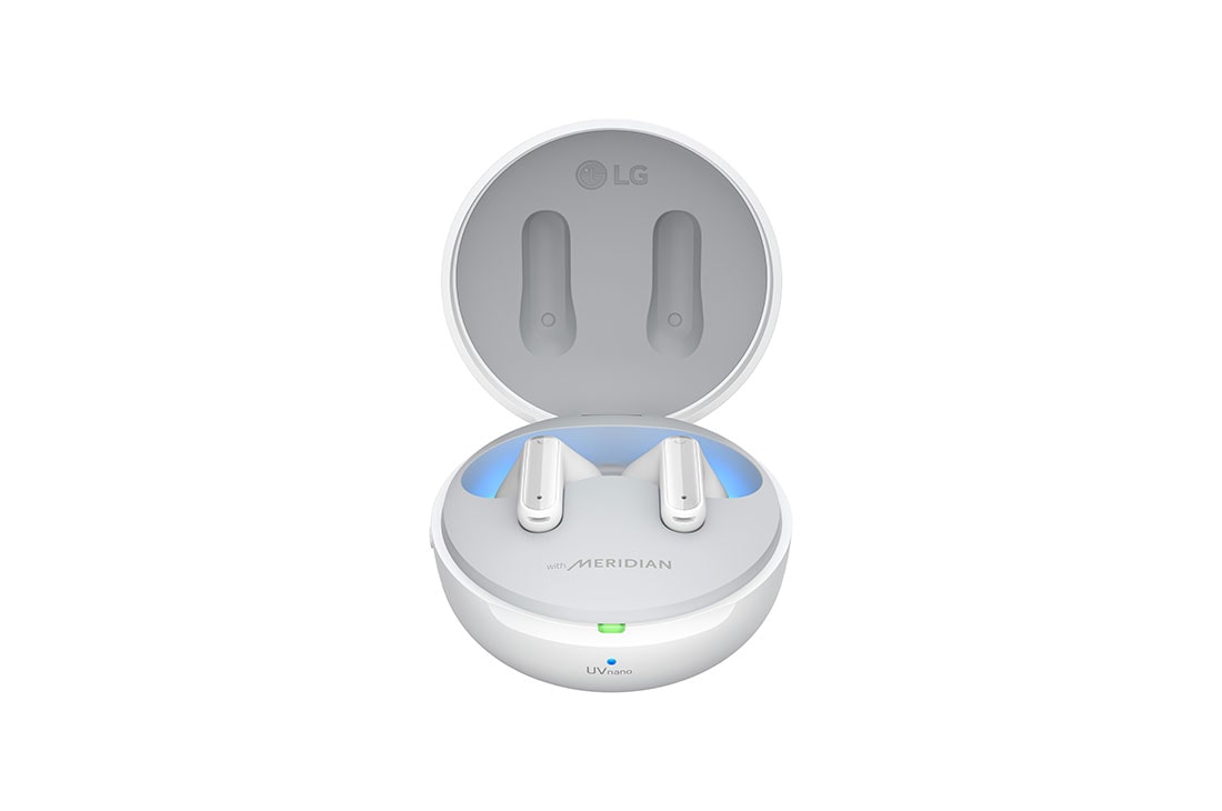 LG Auriculares True Wireless Bluetooth 5.2 con cancelación de ruido y conversor inalámbrico, Vista de los auriculares inalámbricos LG TONE Free abiertos y flotando, TONE-FP9W, thumbnail 2