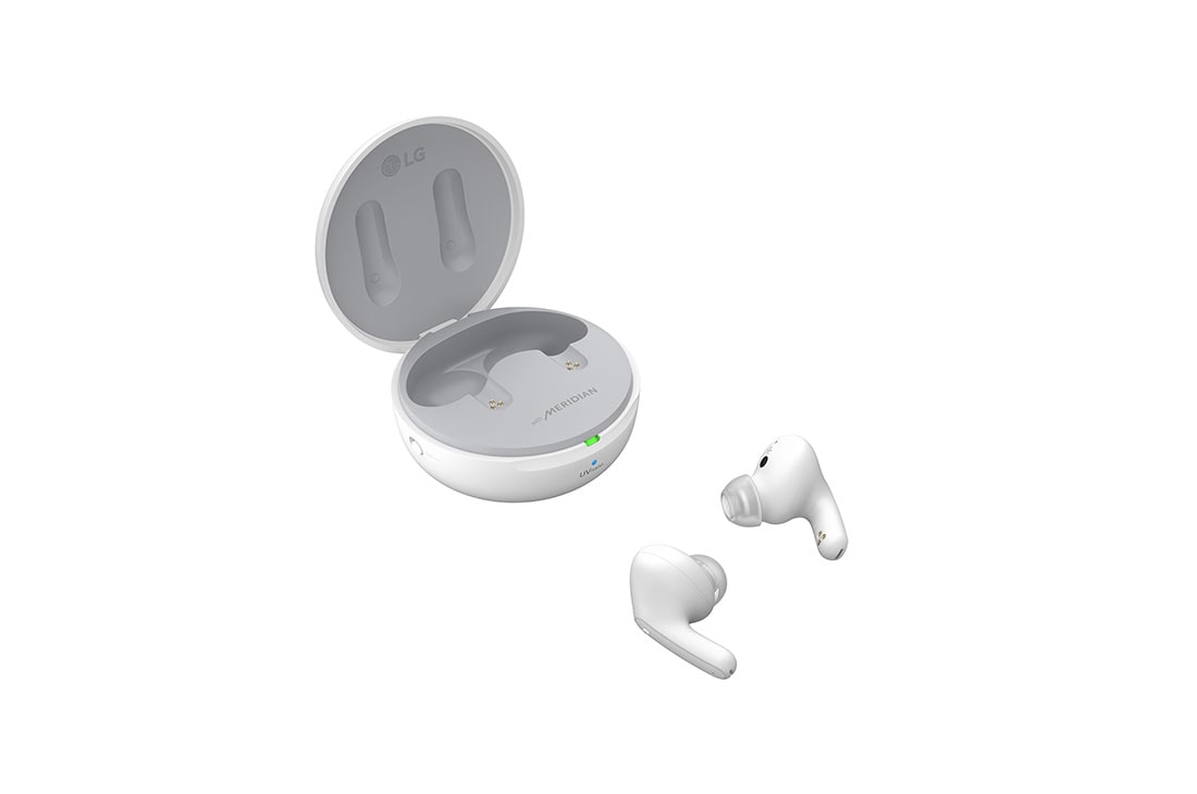 LG Auriculares True Wireless Bluetooth 5.2 con cancelación de ruido y conversor inalámbrico, La base está abierta en un ángulo lateral de 15 grados y ambos lados de los auriculares se colocan frente a ella., TONE-FP9W, thumbnail 12