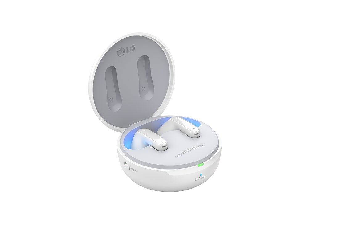 LG Auriculares True Wireless Bluetooth 5.2 con cancelación de ruido y conversor inalámbrico, La base está abierta y la iluminación ambiental está encendida en una vista lateral inclinada de 15 grados., TONE-FP9W, thumbnail 13