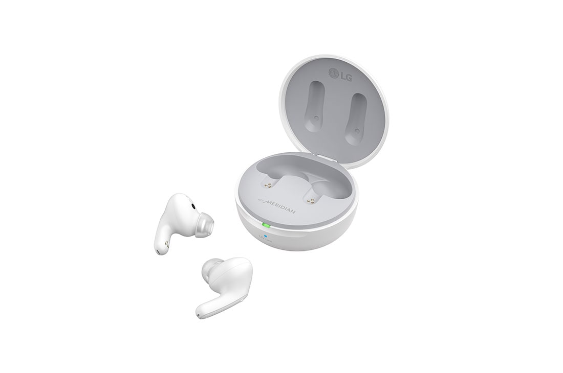 LG Auriculares True Wireless Bluetooth 5.2 con cancelación de ruido y conversor inalámbrico, La base está abierta en un ángulo lateral de 15 grados y ambos lados de los auriculares se colocan frente a ella., TONE-FP9W, thumbnail 14