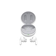 LG Auriculares True Wireless Bluetooth 5.2 con cancelación de ruido y conversor inalámbrico, Se abrió una vista superior de la base y ambos lados de los auriculares se colocaron frente a ella., TONE-FP9W, thumbnail 15