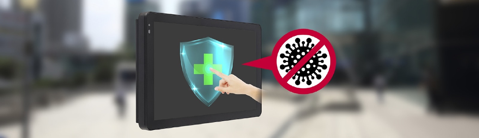 Un usuario está tocando la pantalla 22XF1TJ con revestimiento antibacteriano.