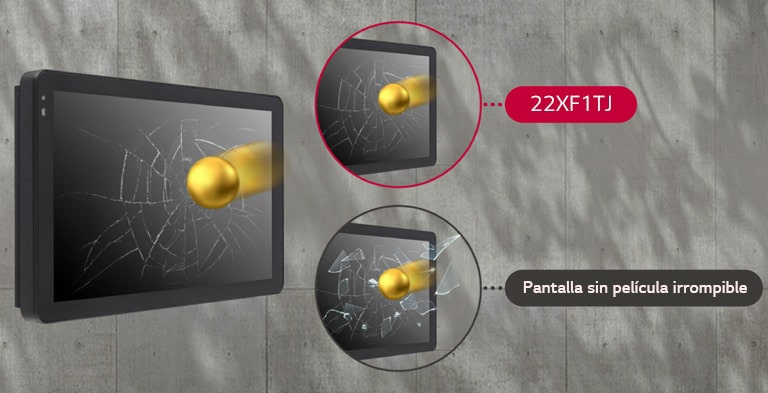 Cuando una pantalla sin película irrompible recibe un impacto externo, el vidrio se rompe y se hace añicos, pero la pantalla del 22XF1TJ solo se raja.