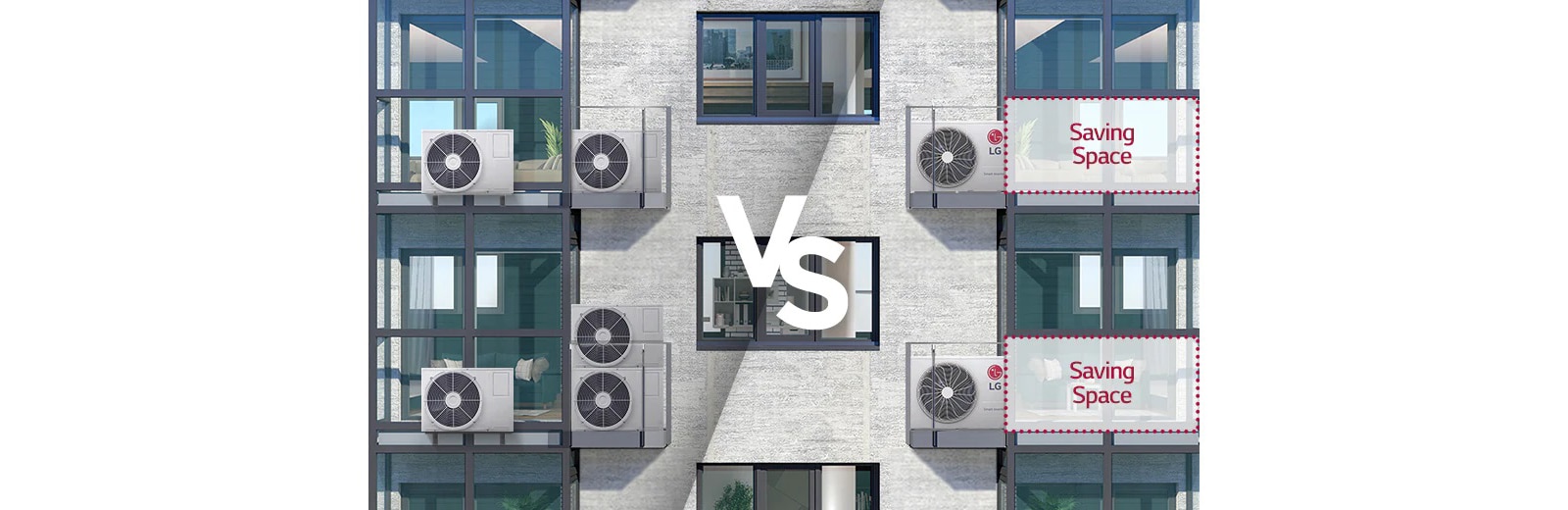 Left: Outdoor units taking up lots of balcony space  Right: LG Multi Split outdoor unit taking up less space than conventional units