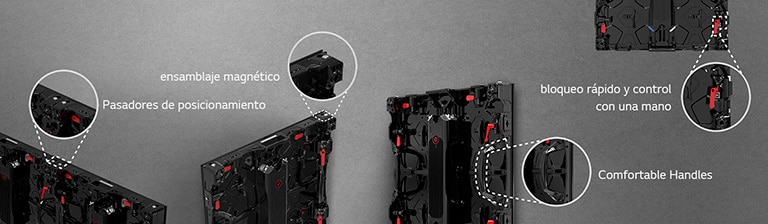 Las partes 'pasadores de posicionamiento', 'ensamblaje magnético', 'manijas cómodas', 'bloqueo rápido y control con una mano' en el gabinete están ampliadas.