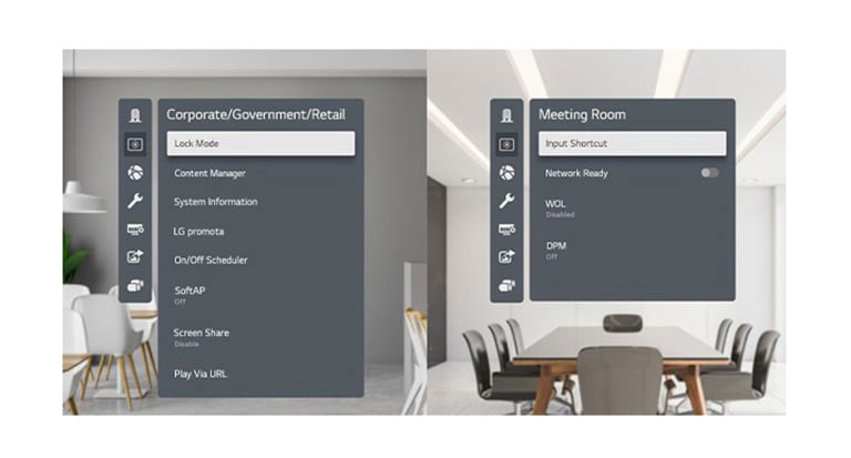 Los menús más utilizados se clasifican por sectores en el menú de visualización. A la izquierda se muestran los menús de "Empresa / Gobierno / Comercio" y a la derecha los de "Sala de reuniones".