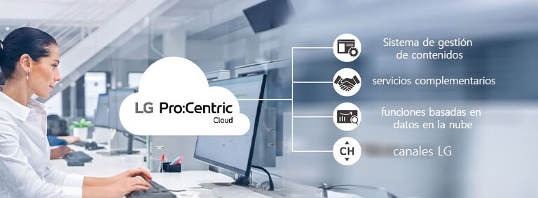 Un hombre está administrando algunos contenidos y configuraciones de TV en el hotel usando la solución Pro:Centric Direct a través del servidor.