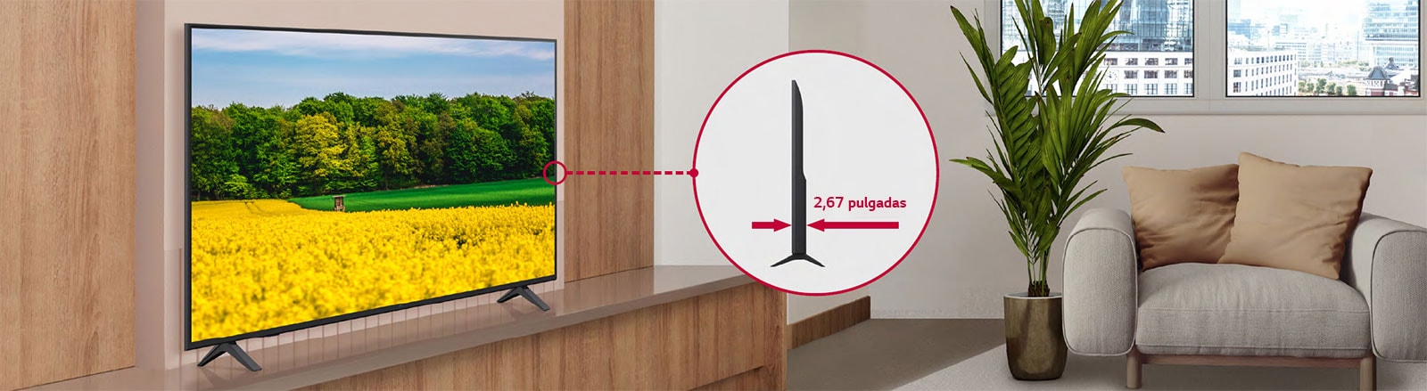 El UK660H se instala perfectamente en la habitación del hotel y se muestra una vista lateral para resaltar su diseño delgado.