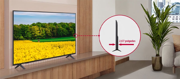 El UK660H se instala perfectamente en la habitación del hotel y se muestra una vista lateral para resaltar su diseño delgado.