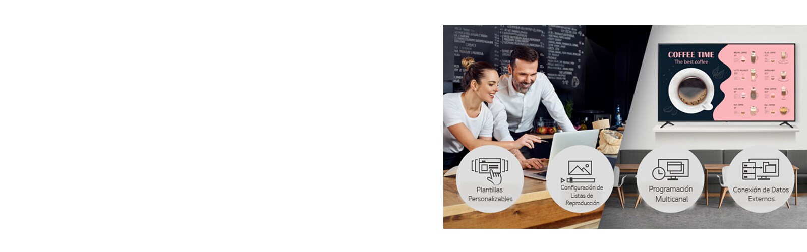 Gestión de contenido sencilla con LG SuperSign CMS para tiendas y cafés.