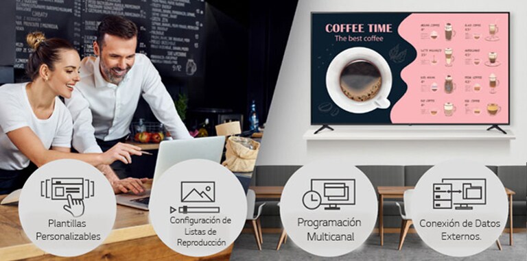 Gestión de contenido sencilla con LG SuperSign CMS para tiendas y cafés.