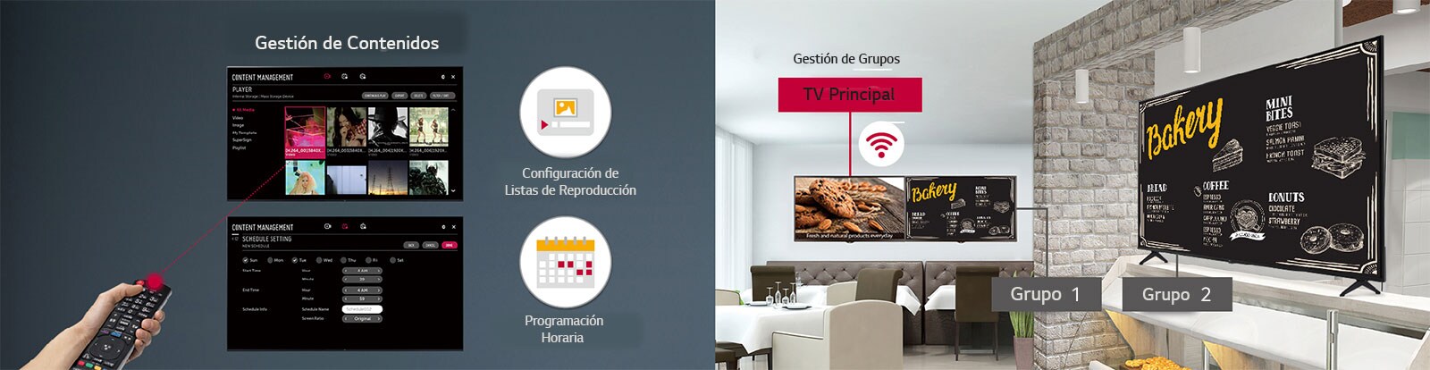 Programación y listas de reproducción gestionadas desde control remoto.