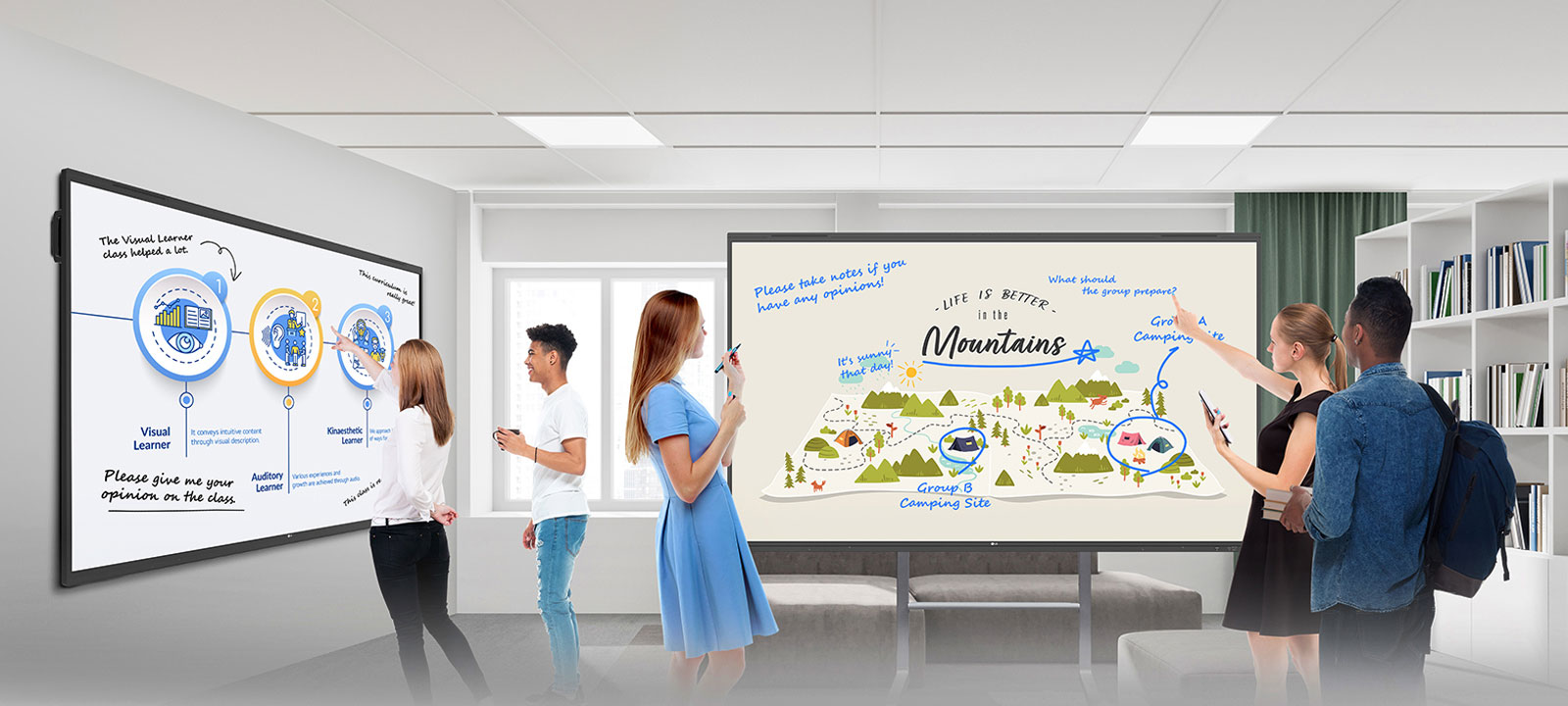 En el espacio de ideación del aula hay dos TR3PN: uno montado en la pared y otro independiente. Los alumnos comparten libremente sus opiniones escribiendo en los TR3PN.