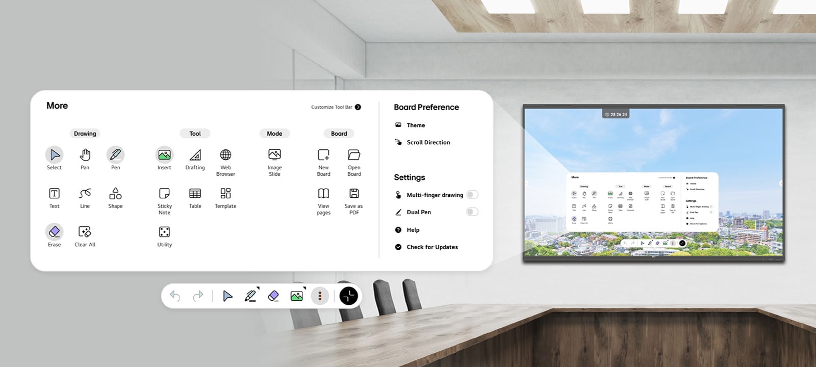 Un TR3PN está montado en la pared de la sala de conferencias, con la barra de menú mostrada en la pantalla.