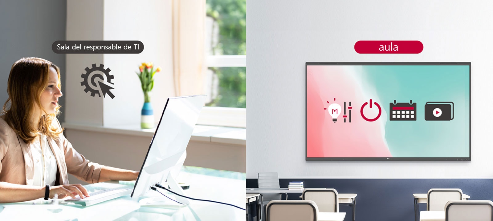 El responsable de TI puede controlar de forma remota los dispositivos del aula, como el encendido y apagado, la programación, el brillo y el bloqueo de pantalla.
