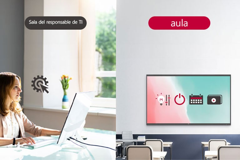 El responsable de TI puede controlar de forma remota los dispositivos del aula, como el encendido y apagado, la programación, el brillo y el bloqueo de pantalla.