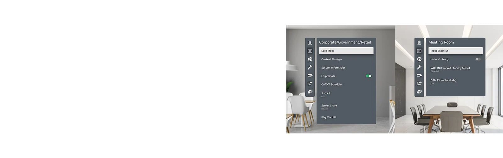 Los menús más utilizados se clasifican por sectores a la izquierda, como «Corporativo/gobierno/venta minorista», y a la derecha, como «Sala de reuniones».