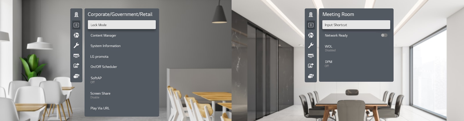 Los menús de uso más frecuente se clasifican por industria en el menú de visualización. La izquierda muestra menús para "Corporativo / Gobierno / Minorista" y los menús de la derecha son para "Sala de reuniones"