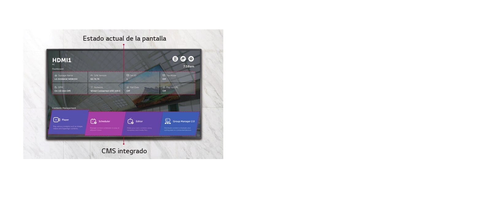 WP402 proporciona un menú de inicio que muestra el estado actual de la pantalla y el CMS integrado.