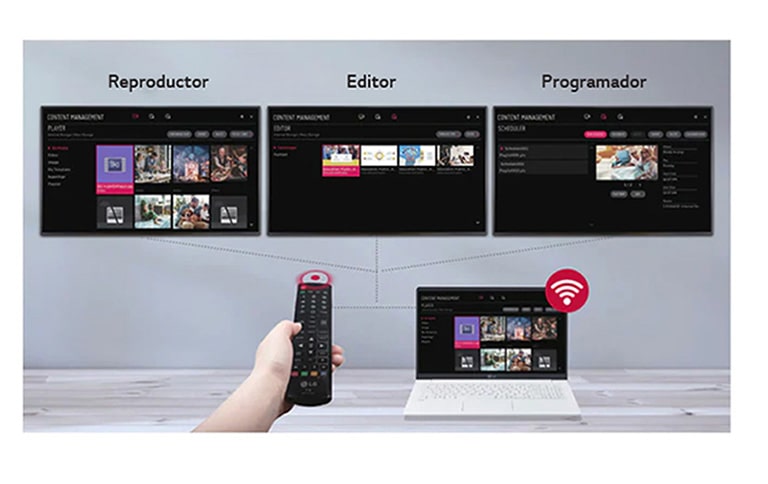 Los usuarios pueden configurar reproductores, editores, programadores, etc. para pantallas utilizando varios dispositivos, desde controles remotos hasta computadoras portátiles.